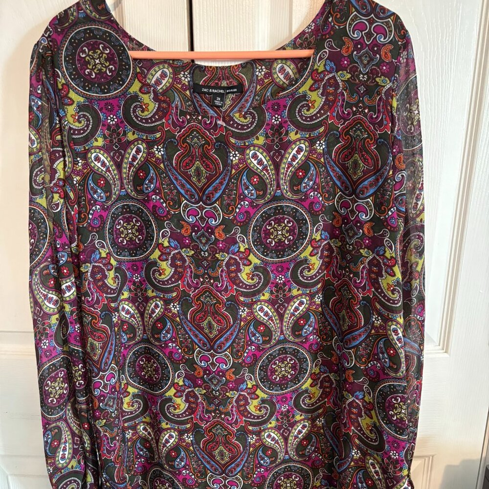 NWT Zac&Rachel Womens Tunic Blouse Sz 2X Multicolor Paisley Long Sleeve